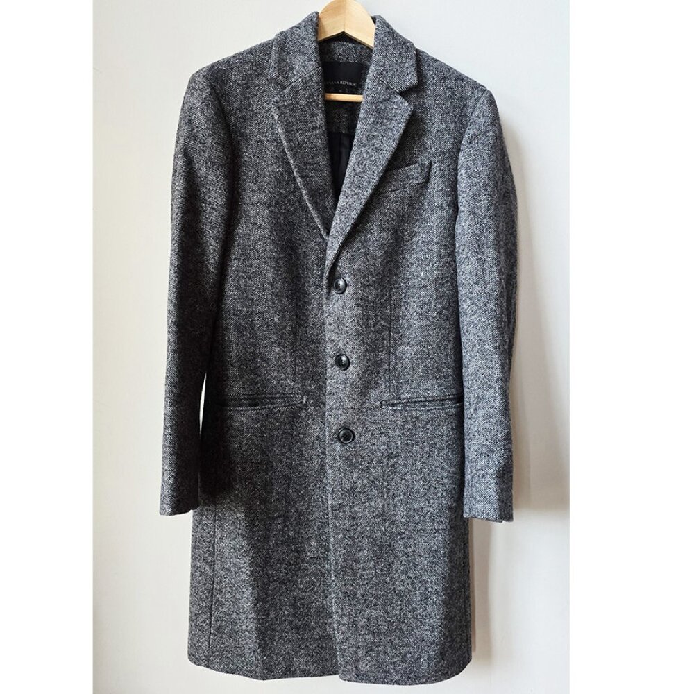 Banana Republic x Emmetex Black and White Herringbone Wool Lined Topcoat XS 0 2